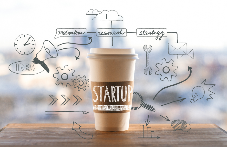 A paper cup with a text of "startup" on it